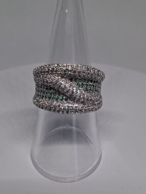 Womens Silver Crystal Wide Band Ring with Green Accents
